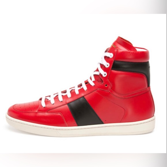 EUC Men Size 10 Saint Laurent SL/10H Contrast-Stripe High Top Sneakers Red/White - Picture 5 of 14